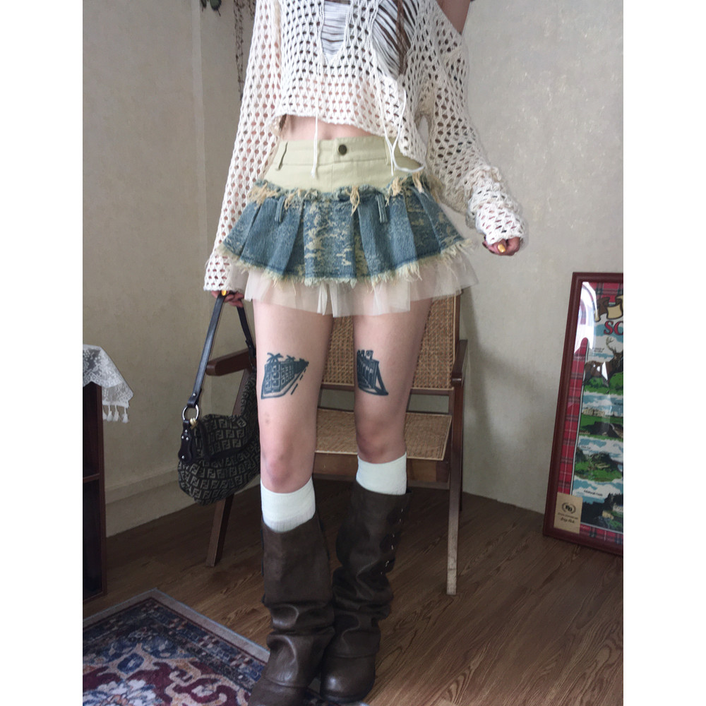 ｛黄油椰卷卷｝蕾丝网纱拼接牛仔半裙女设计感辣妹重工小众韩系