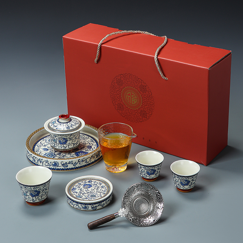 汝窑哑光缠枝莲三才盖碗可悬停旋转家用办公室泡茶器功夫茶具礼品