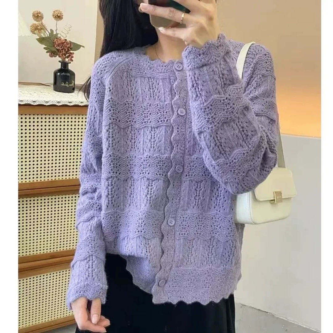 大码胖mm设计感显瘦钩花镂空针织开衫女秋季新款百搭减龄上衣外套