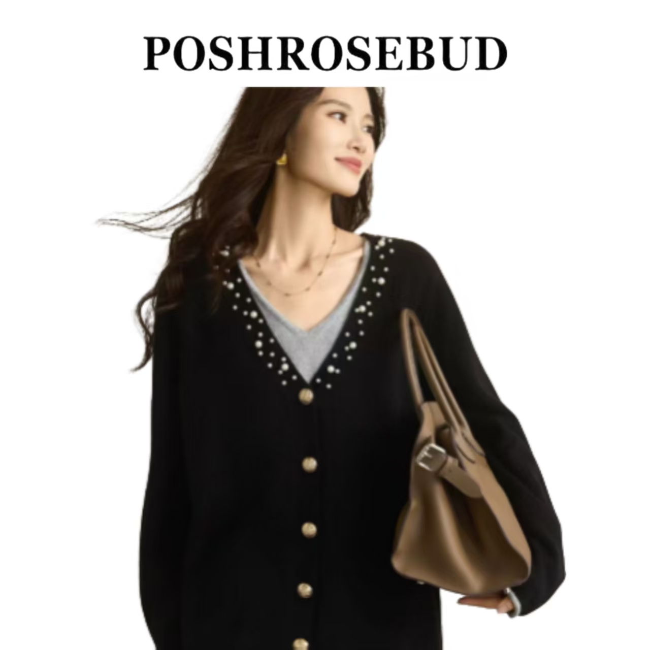 （726）大码女装时髦重工钉珠设计感V领单排扣假两件针织衫秋冬新款