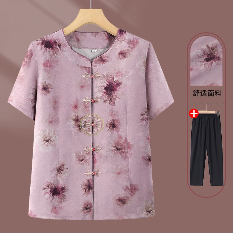 中老年女妈妈装夏装衬衫短袖开衫上衣国风老人衣服奶奶装夏季套装