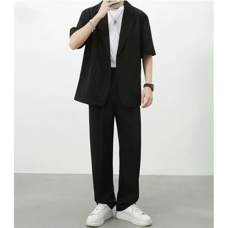 炸街高级感西装男两件套装男士短袖休闲西服夏季薄款单西外套