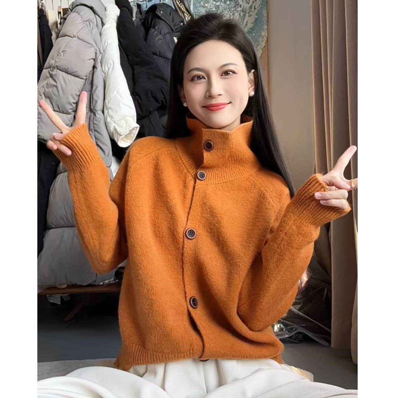 爆款秋冬季新款韩系复古棕扣高领针织衫高级感开衫