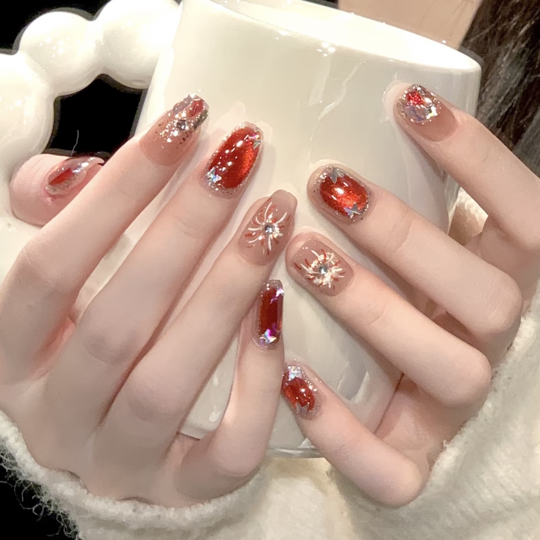 《绚烂烟火》研社家纯手工红宝石猫眼新年手绘烟花美甲穿戴甲