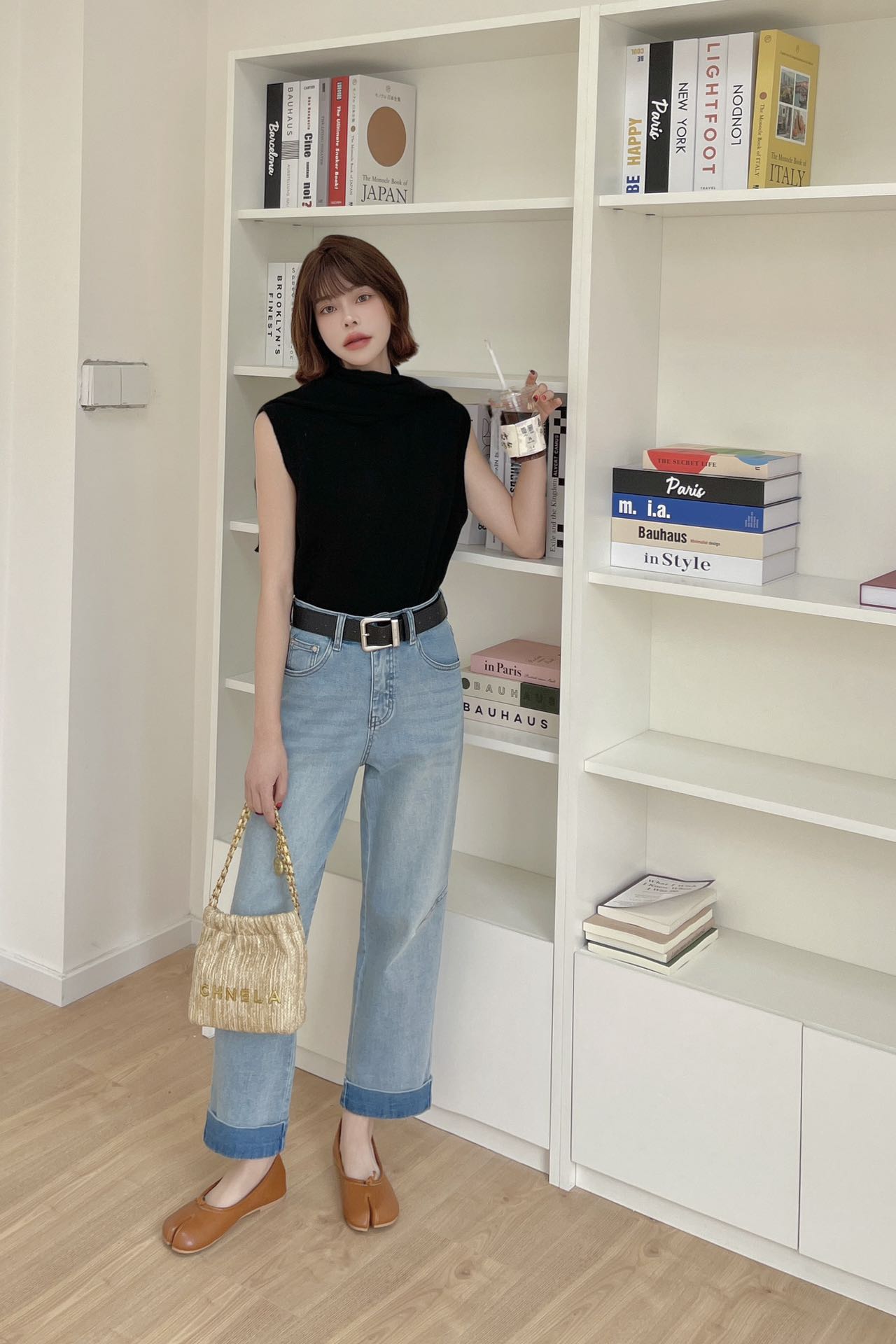 83532春季新款高腰直筒牛仔裤女宽松显瘦复古百搭九分裤