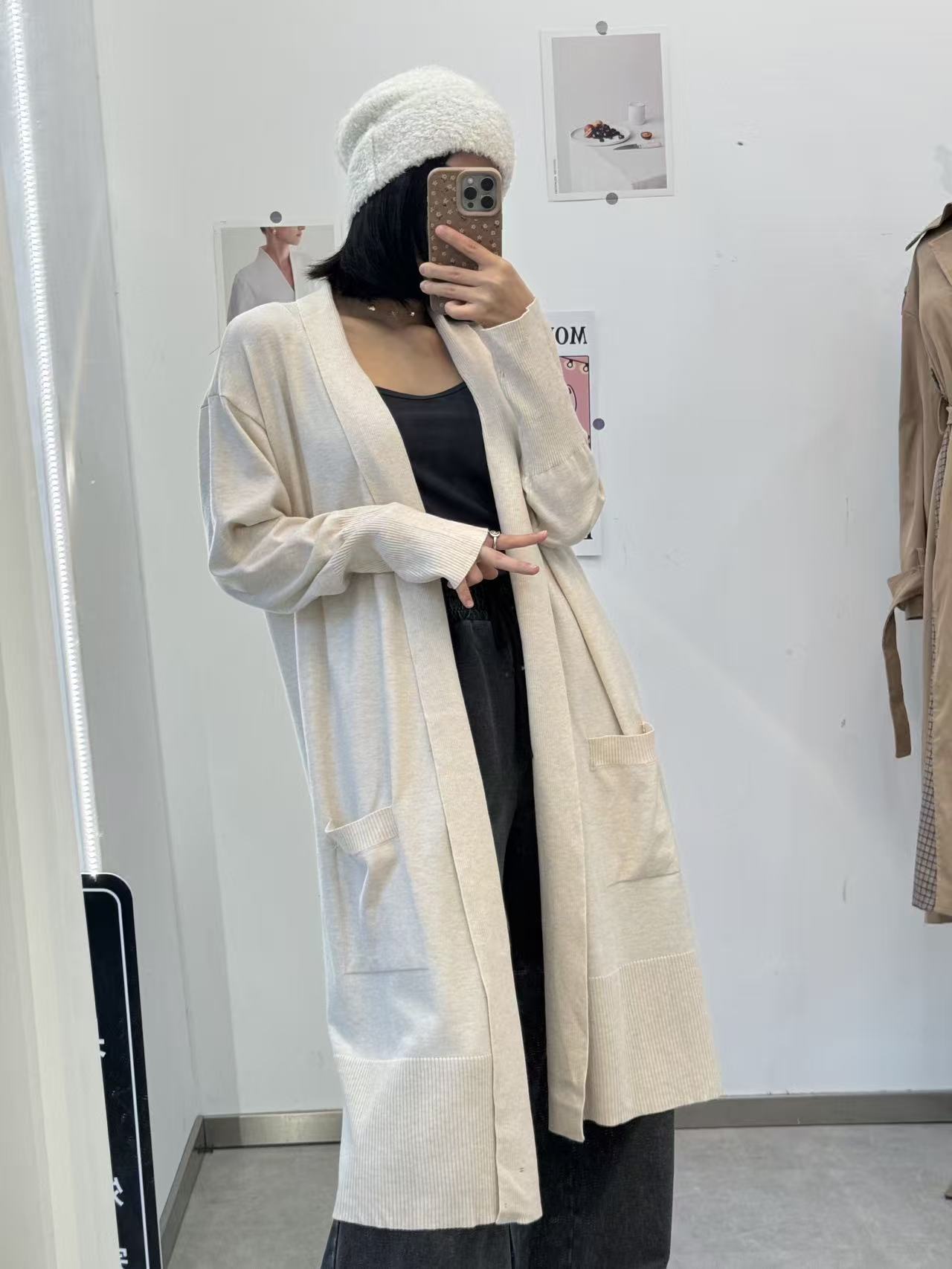C636高端简约中落肩长款针织开衫款长袖休闲风春季女毛针织衫243Z