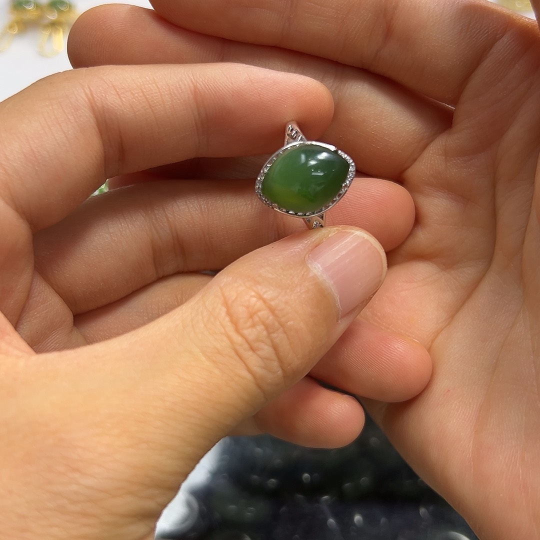 和田玉戒指银S925镶嵌喜**钱