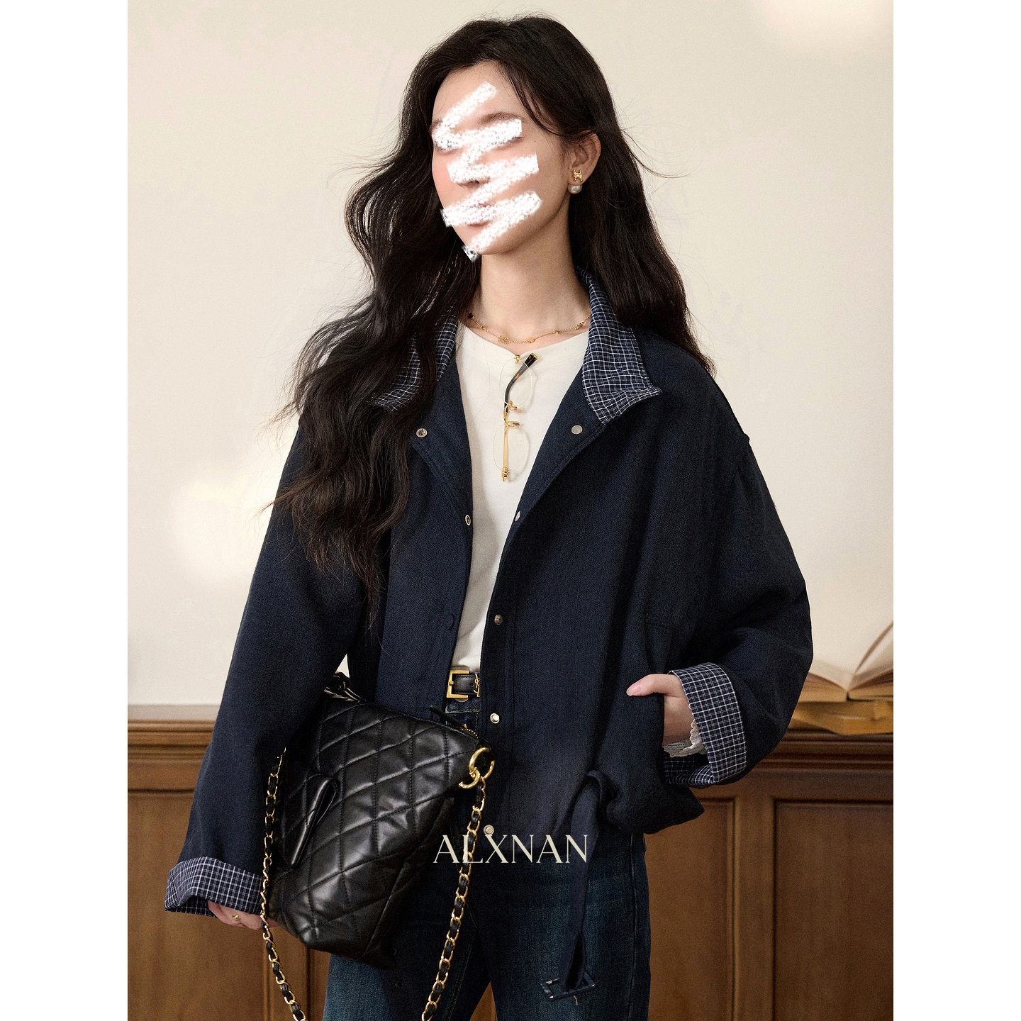 现货【品牌撤柜款ZB】藏青色格纹翻领宽松短外套L58666