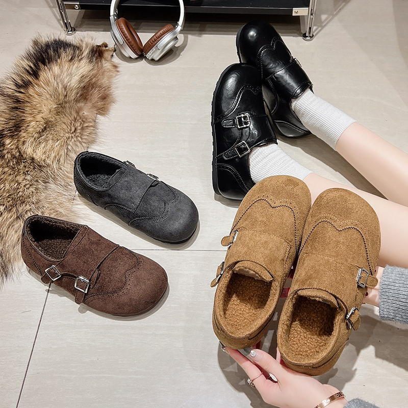 平底搭扣加绒勃肯女鞋2025冬季新款毛毛鞋保暖棉鞋软底1110