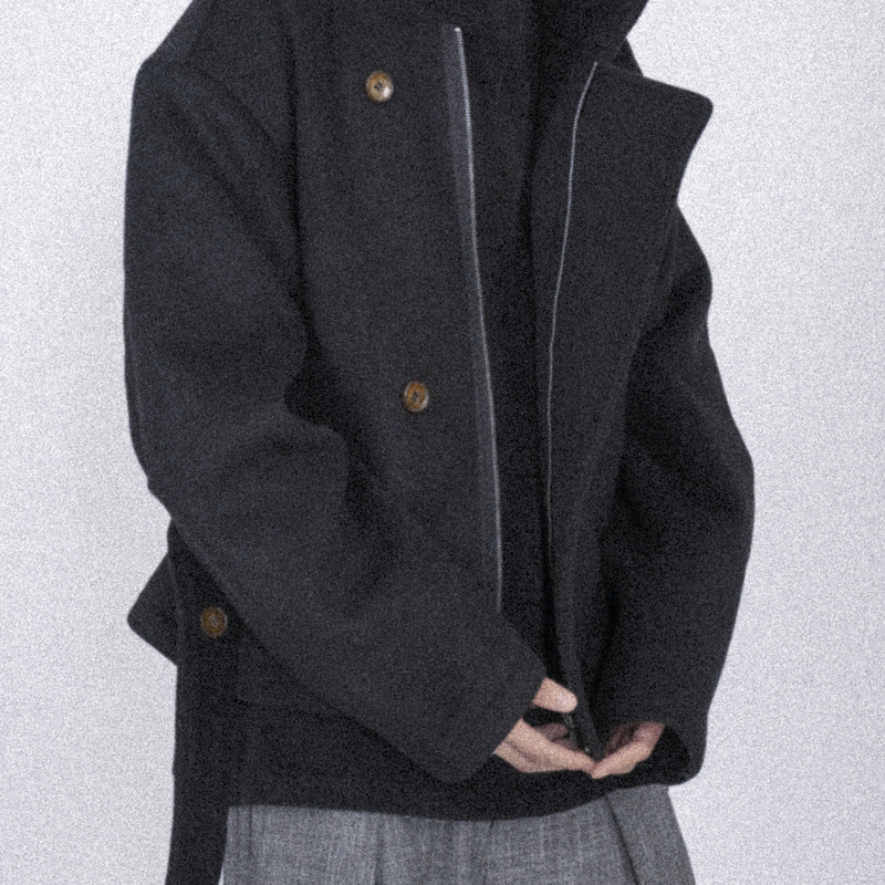 NOT UGLY 24AW 流金纽扣斜门襟70羊毛乌鸦系带毛呢短款大衣外套