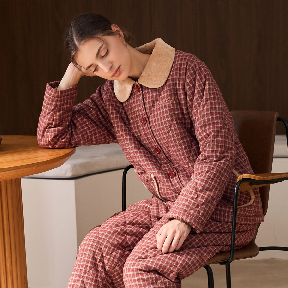 秋鹿针织三层夹棉加厚睡衣女士家居服高级感可外穿保暖套装