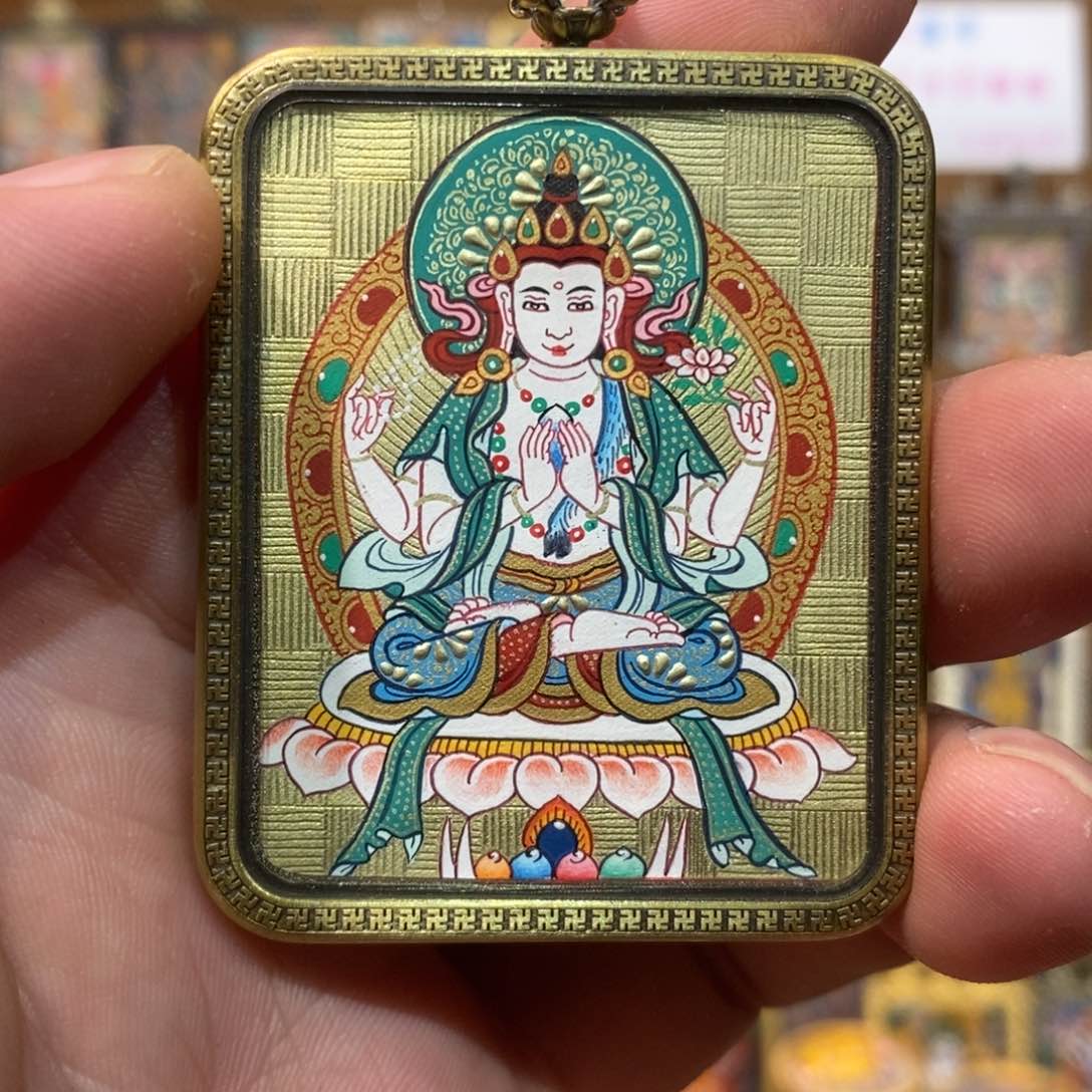 吊坠热贡纯手绘唐卡四臂