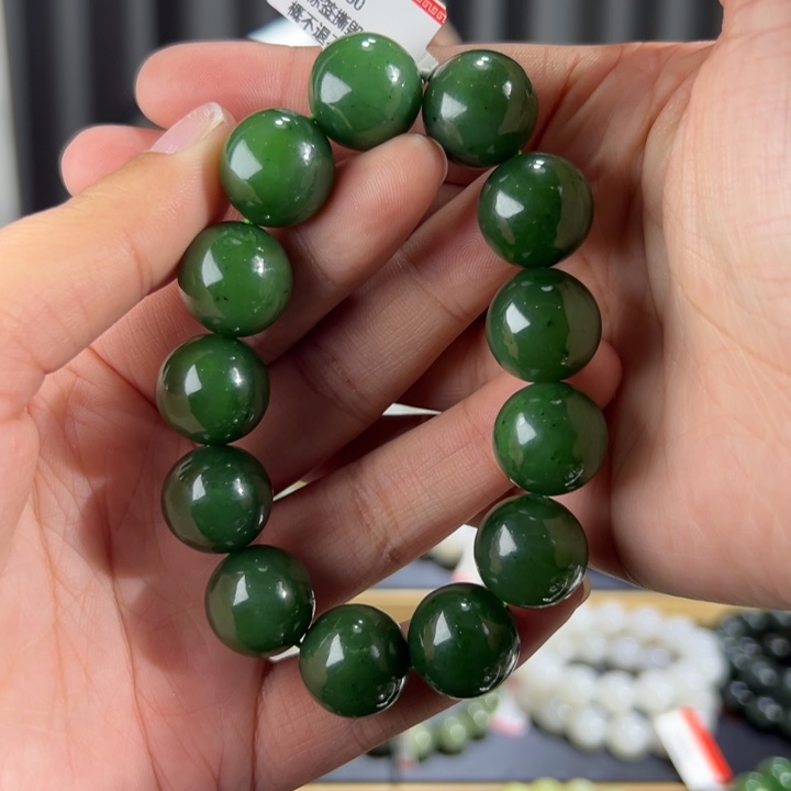 和田玉手串未镶嵌俄罗斯碧玉菠菜绿卡16圆珠