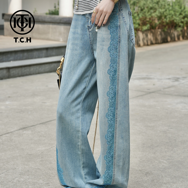 TCH现货私服烫钻工艺花边设计蓝色薄牛仔裤女T75A20E5051