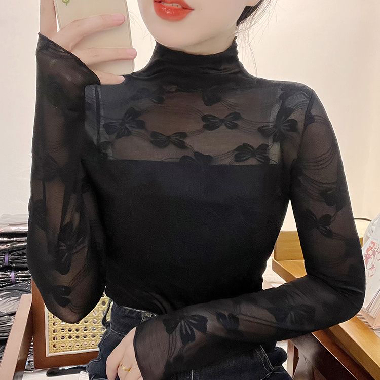蕾丝蝴蝶结修身网纱打底衫冬季高领花边叠穿女士别致小衫下摆上衣