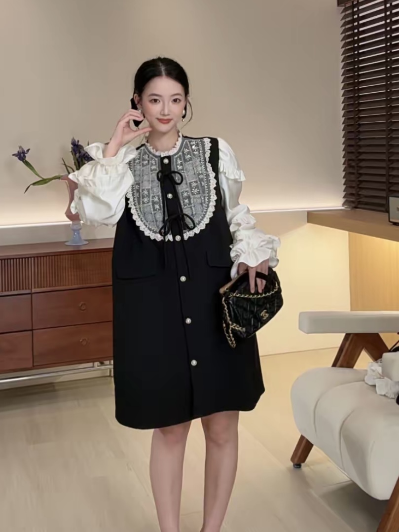 十一原创【希腊神话】连衣裙 蕾丝拼接华夫格秋季微胖显瘦