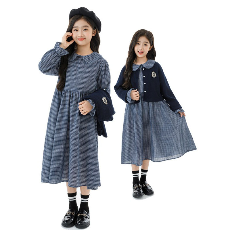 女童学院风套装裙子韩系千鸟格连衣裙2025秋装长袖开衫外套两件套