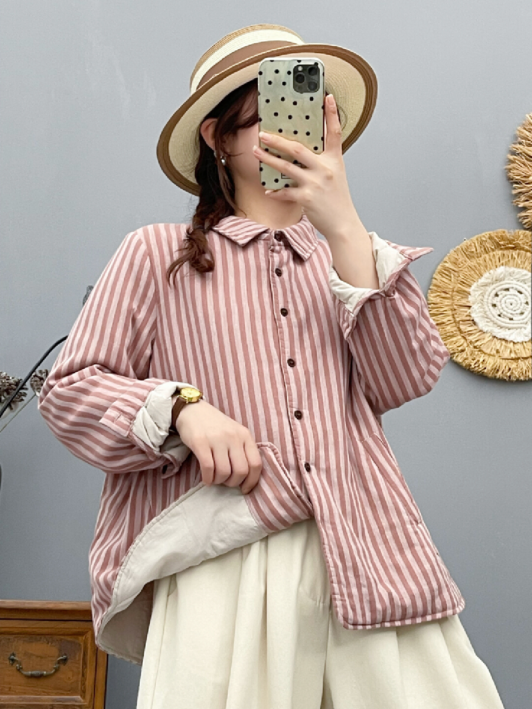 冬季宽松加厚保暖条纹衬衫外套斜插口袋设计休闲百搭长袖衬衣