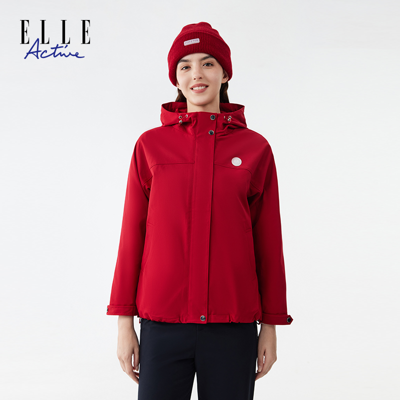 ELLE Active连帽休闲运动防风外套宽松户外时尚拉链女士风衣夹克