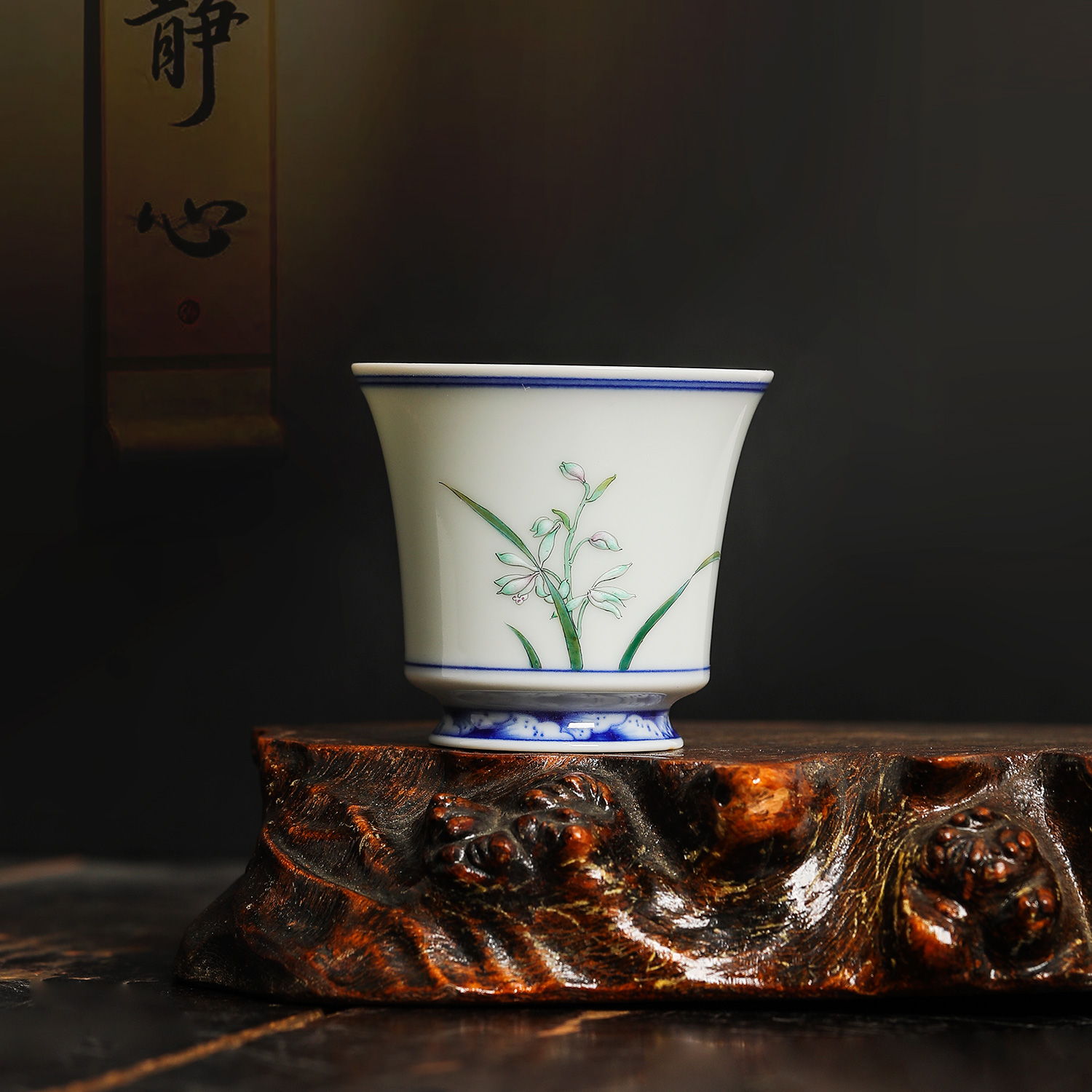 主人杯青花斗彩手绘兰花品茗杯景德镇陶瓷功夫茶杯女个人专用茶具
