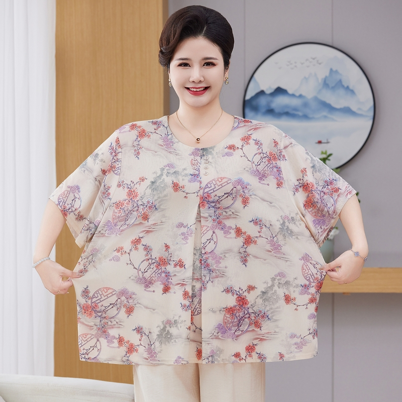 老年人衣服加肥胖妈妈特大码女装遮肚子藏肉上衣奶奶宽松t恤短袖
