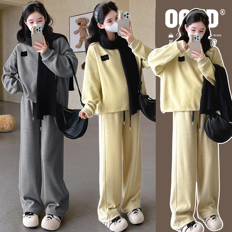 【安安】孕妇装秋冬季减龄加绒加厚显瘦上衣卫衣+阔腿裤子冬季套装