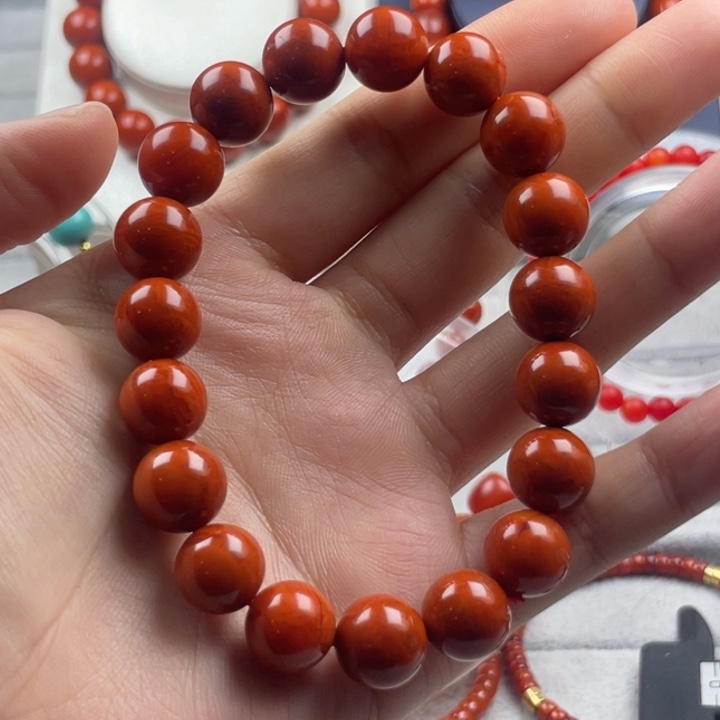 南红玛瑙天然原矿凉山南红圆珠手串11mm尺寸未镶嵌火焰纹收藏