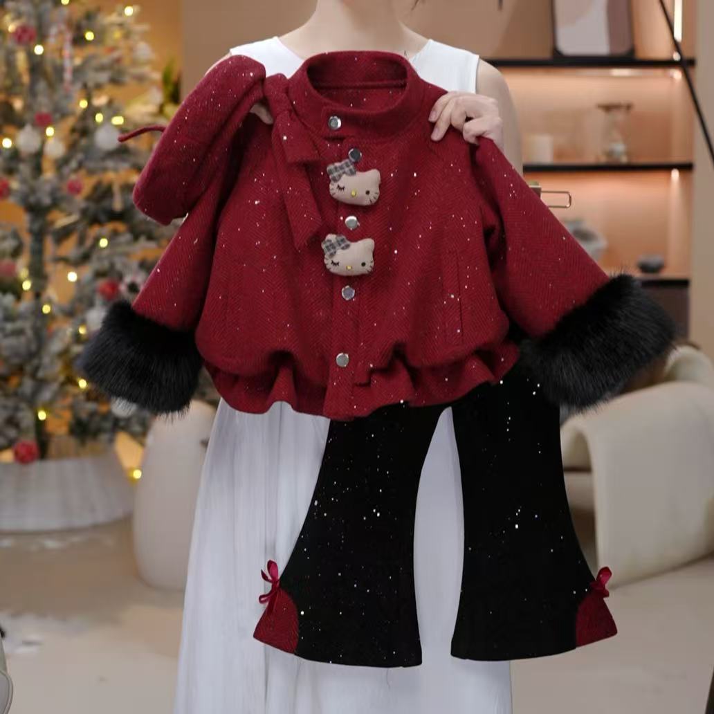 女童加绒冬季2025新款洋气儿童韩版呢子加厚女孩冬款两件套