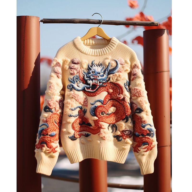 PS10971秋冬新年氛围感生肖龙图案高级套头圆领毛衣刺绣针织上衣