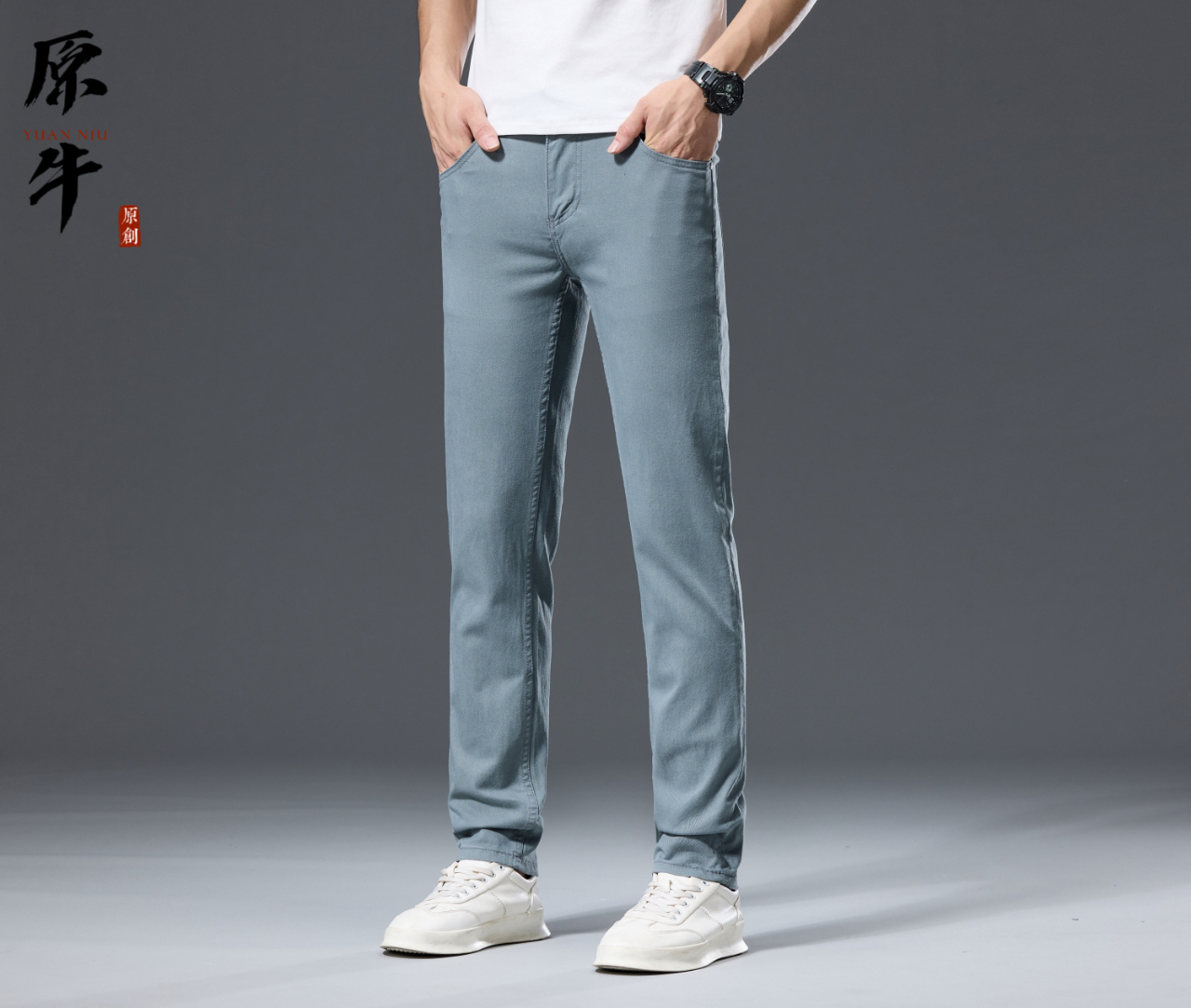 YUANNIU/原牛夏季新款潮流时尚雾霾蓝欧若风轻奢欧货男士牛仔裤