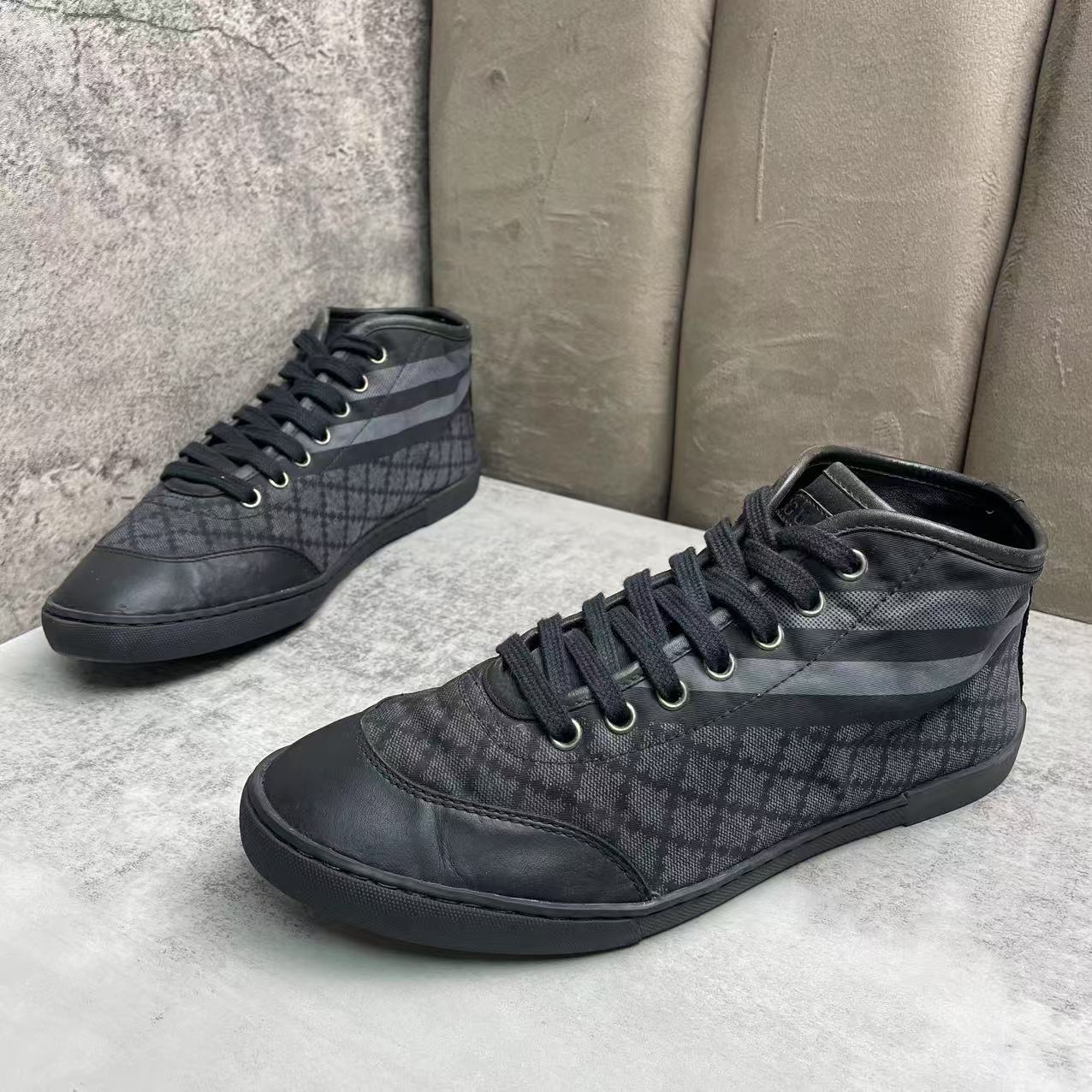 95新 GUCCI/古驰 黑色帆布棋盘格高帮舒适百搭板鞋/39.5码