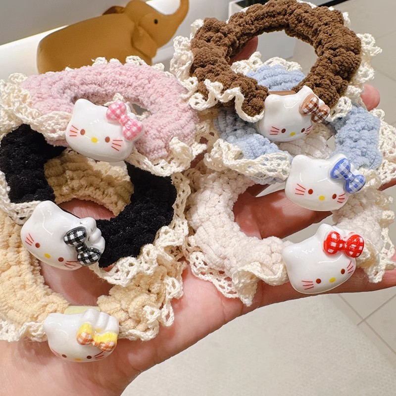 甜美蕾丝花边KT猫发圈少女卡通百搭马尾肠圈高颜值森系ins发绳