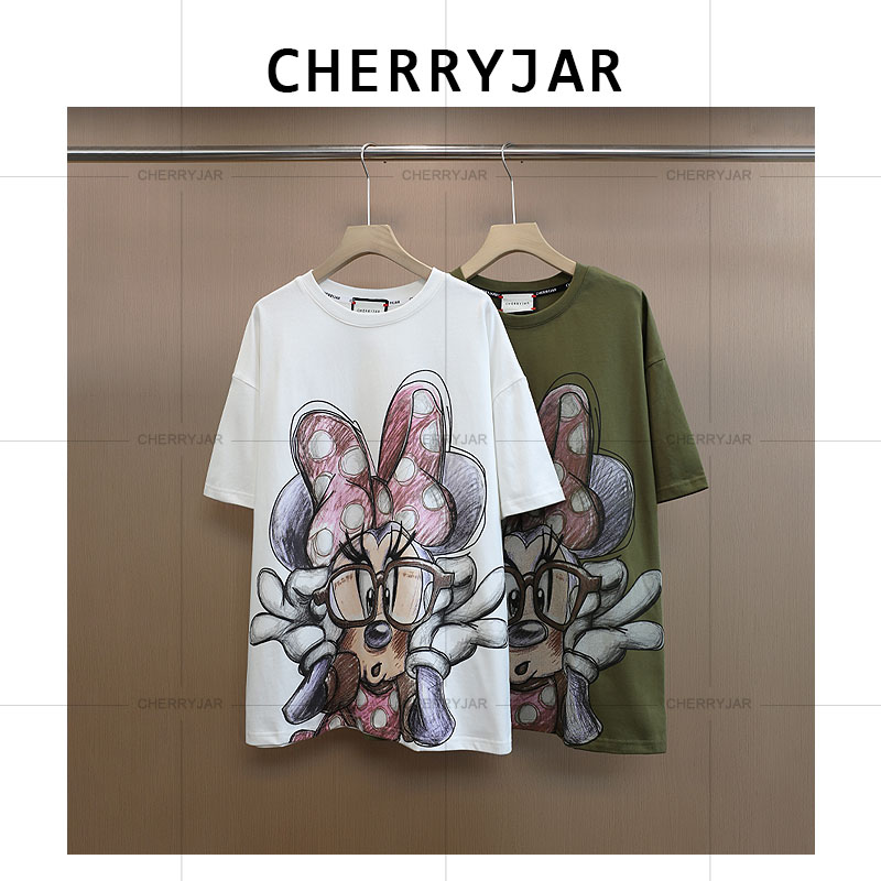 Cherryjar【25593】夏季彩铅米妮印花短袖背面字母印花个性个性ins