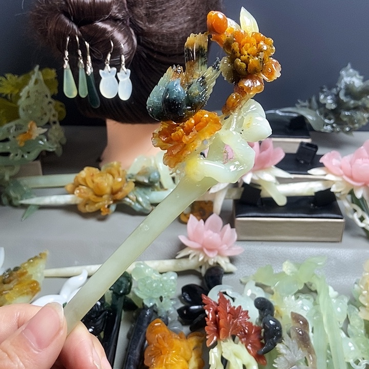 蝴***兰岫玉未镶嵌发簪发簪