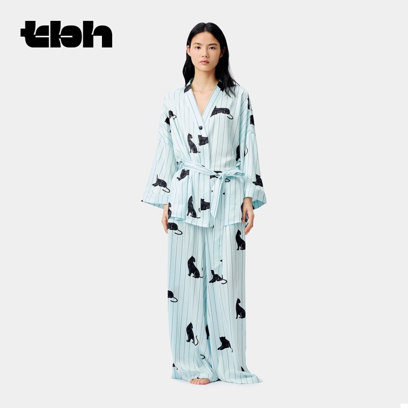 tbh/野兽派家居都市野兽黑豹星光缎家居服晨袍家用男女浴袍套装