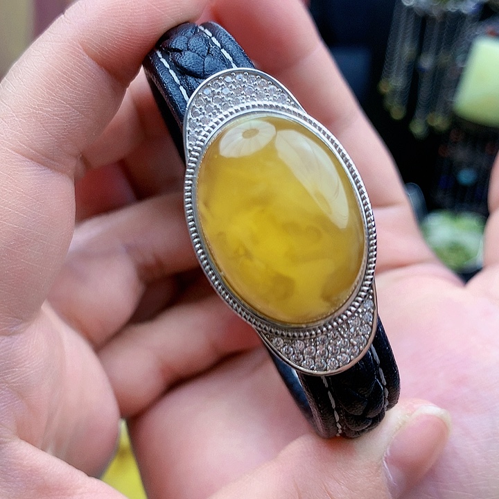 琥珀裸石银S925镶嵌手镯