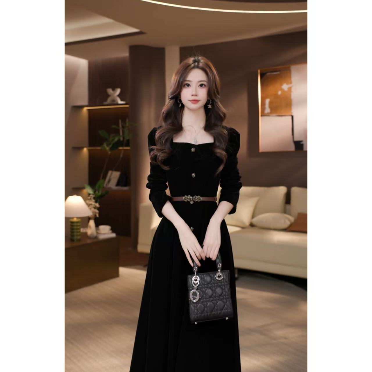 晓西【巴黎之夜】秋季新款法式高级感长袖显瘦连衣裙-59217K