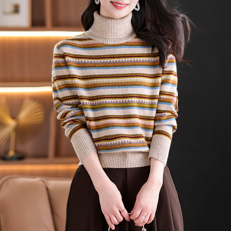 条纹拼色毛针织衫女秋冬新款保暖高领厚毛衣HY-2573