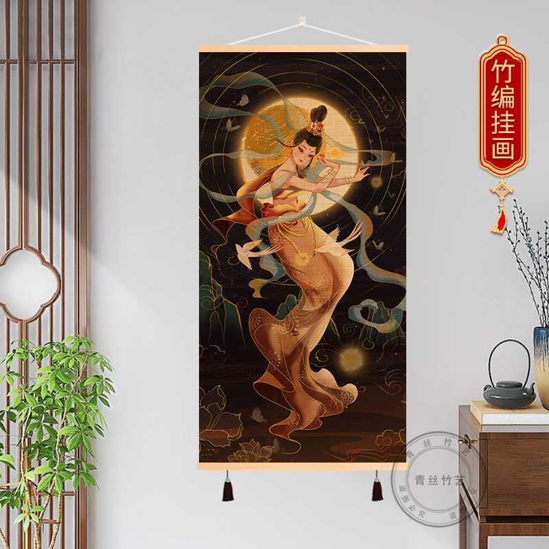 新中式竹丝竹帘卷轴挂画麋鹿莲花装饰画国潮美女竹编挂画壁画卧室