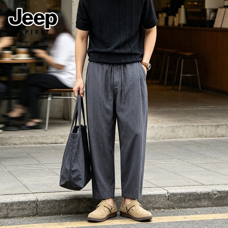 JEEPSPIRIT吉普男士老钱风亚麻九分西裤春秋季宽松直筒休闲长裤子