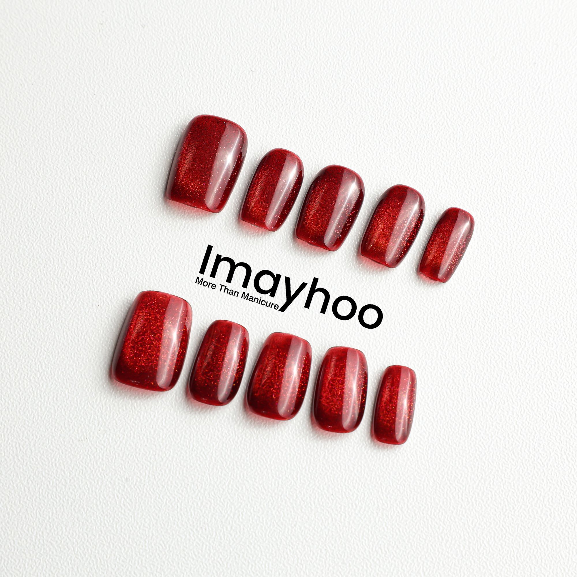 Imayhoo纯手工高定穿戴甲【萤惑】浓郁酒红猫眼显白高级百搭DF06062