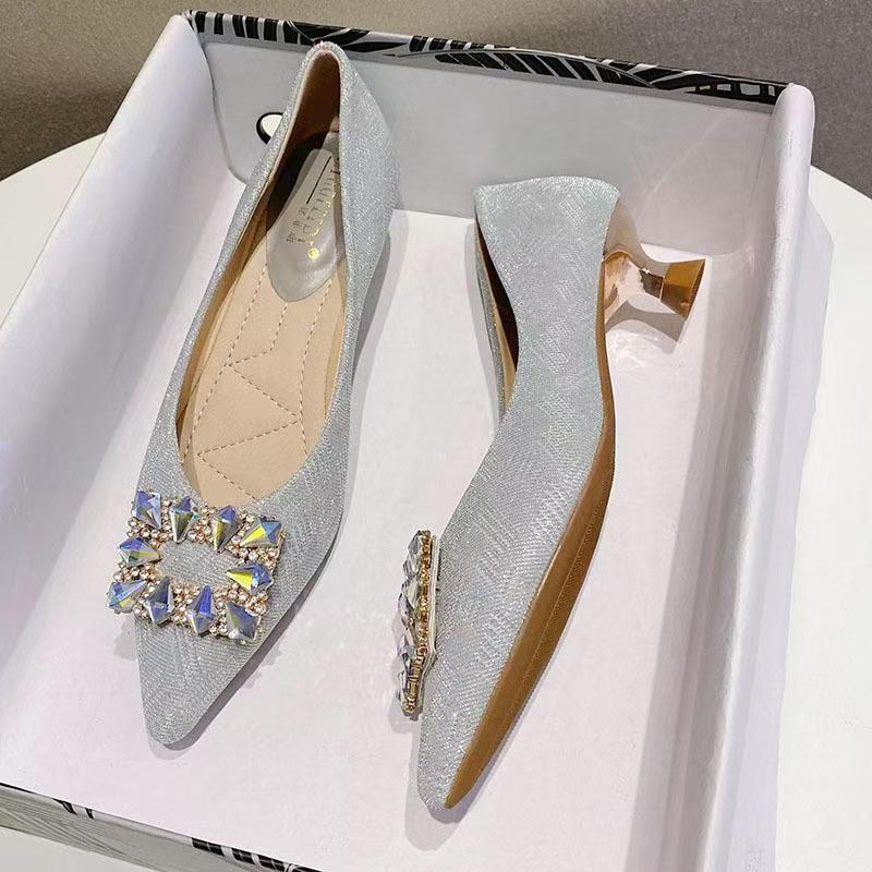 灰733-2高跟鞋女2025年新款气质亮片蝴蝶结尖头细跟不累脚职业鞋