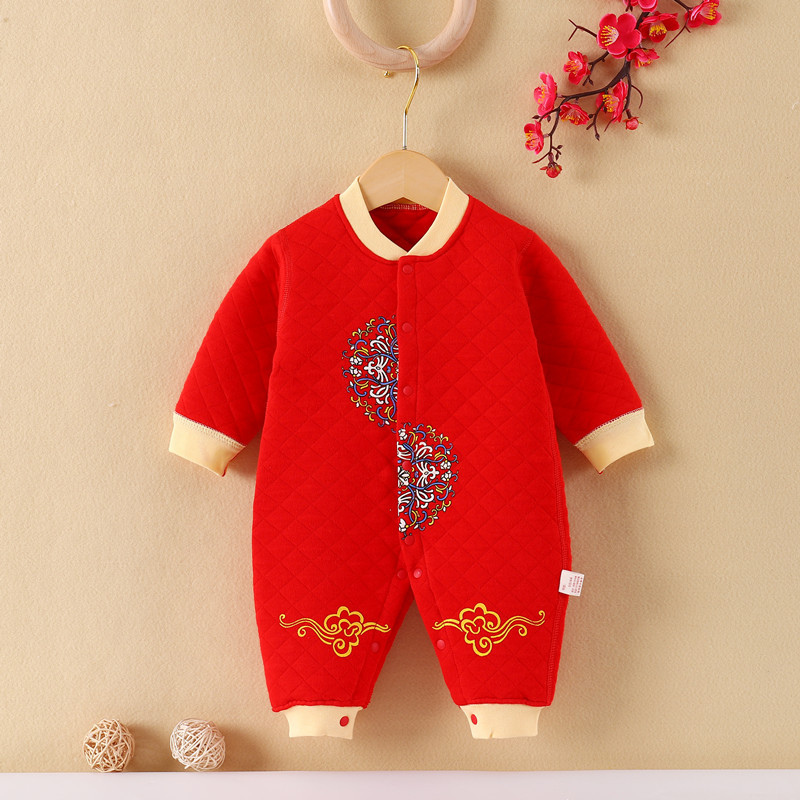 婴儿保暖连体衣红色喜庆百天满月服宝宝春秋季衣服新年新款0-1岁
