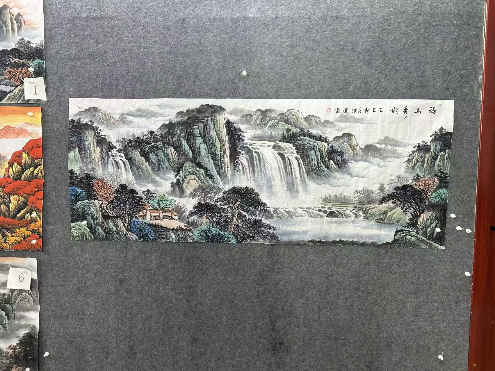 微瑕装裱后不影响福山秀水尺寸：180cm*70cm山水画挂画客厅背景墙