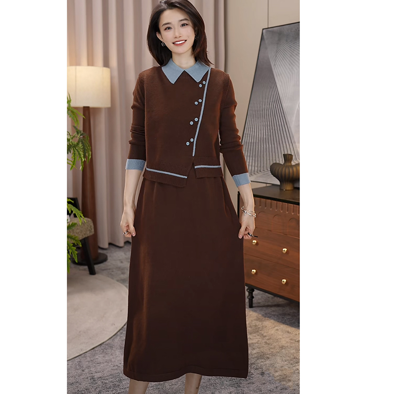 nuobeiyin/诺贝因冬季纽扣装饰针织连衣裙马甲两件套装 NAMM6958
