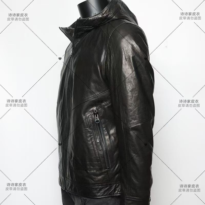 胎牛美利奴羊毛内胆帽 男士真皮皮衣牛皮连帽真皮外套