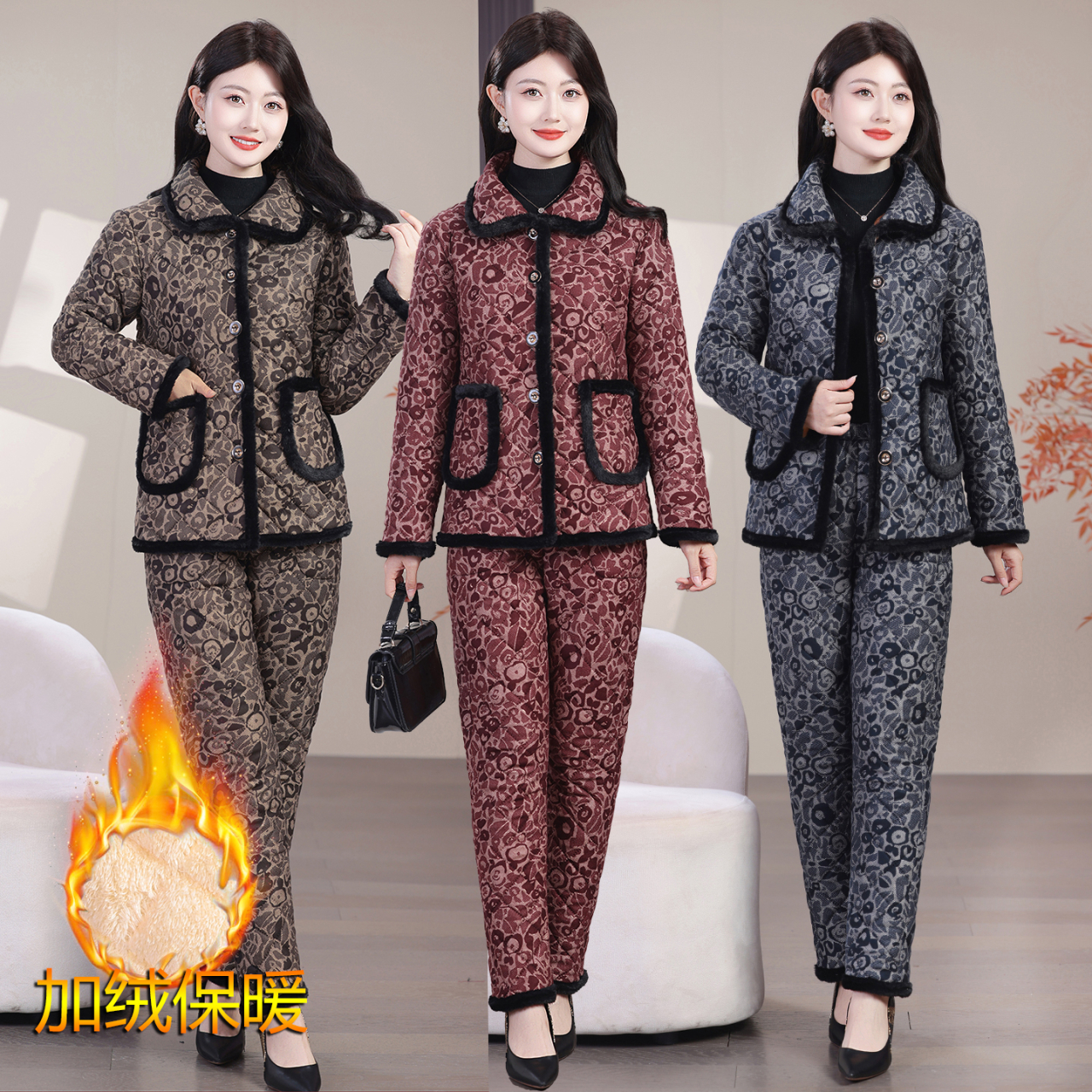 中老年保暖棉服冬季保暖棉衣棉裤冬款女装加绒加厚减龄洋气套装