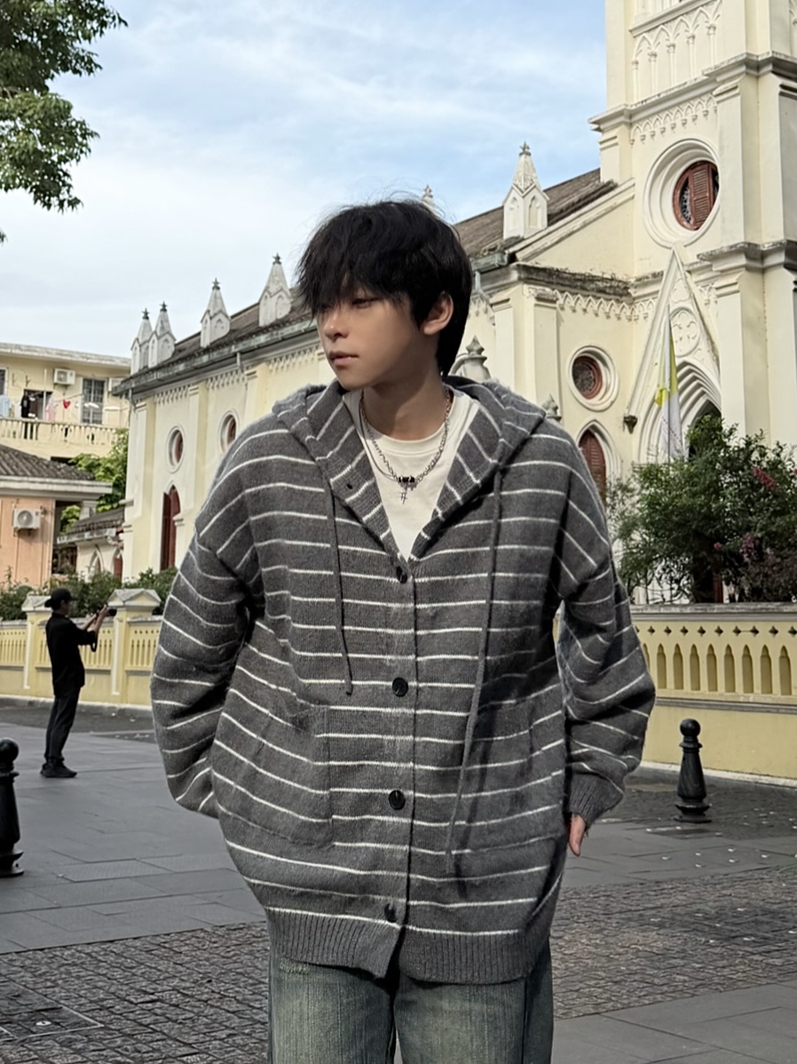 行星世界 美式条纹连帽针织衫男宽松开衫毛衣韩系慵懒高级感外套