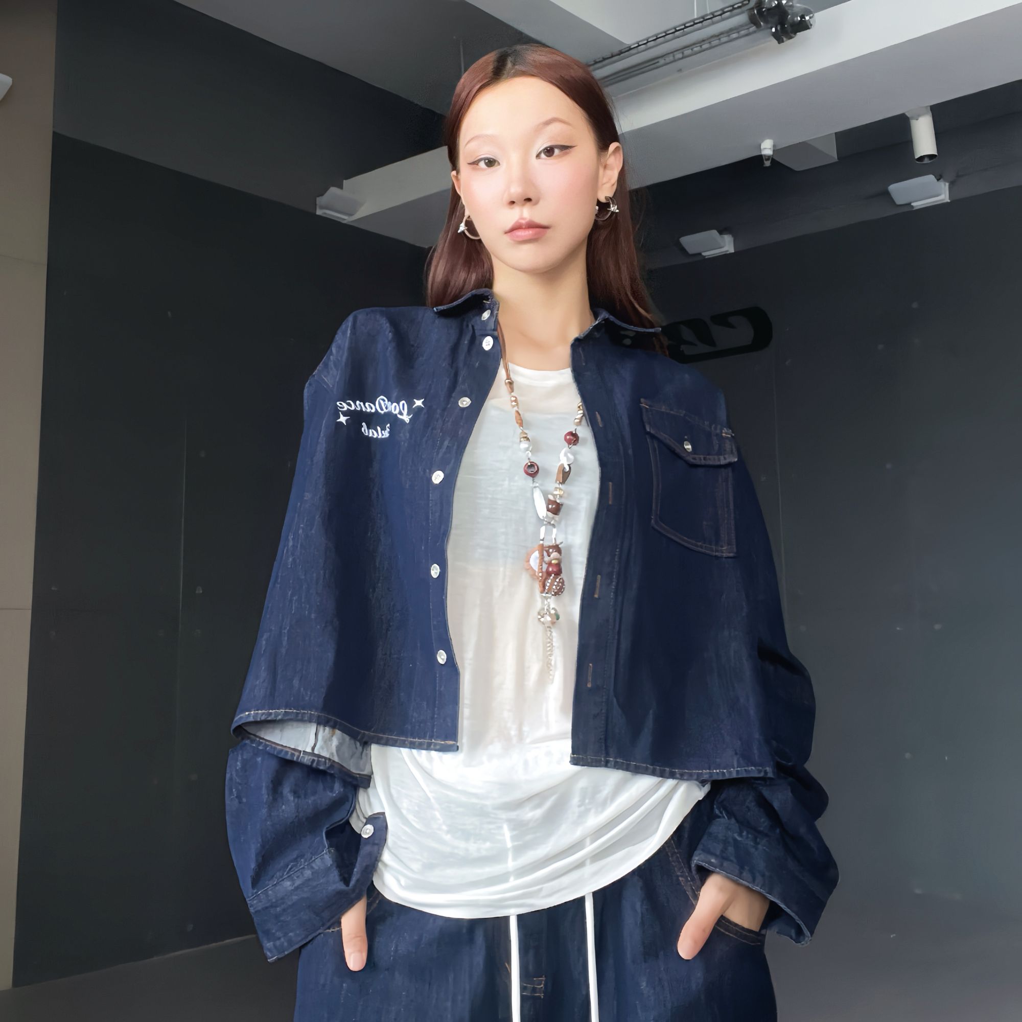 CBXLAB街舞潮牌美式街头牛仔衬衣藏蓝长袖时尚复古辣妹早秋上衣