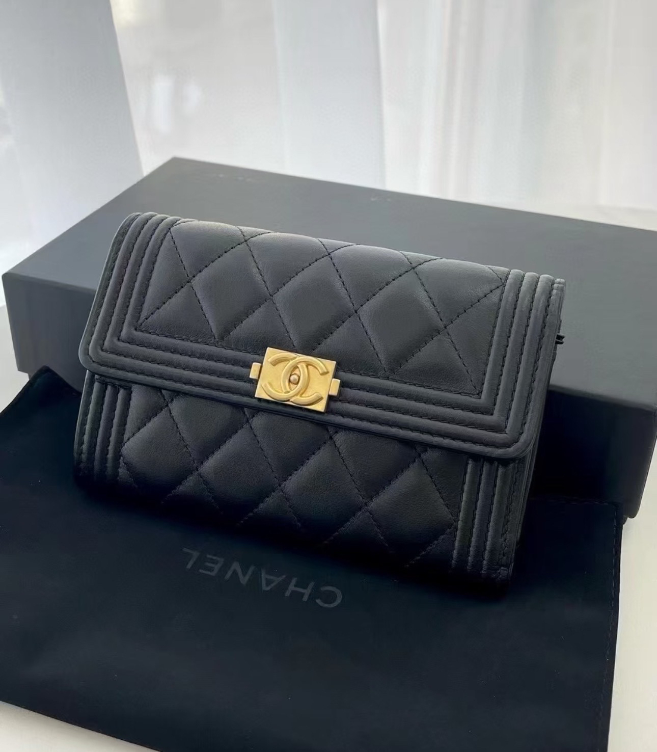95新 Chanel/香奈儿 黑金三折卡包 13970826